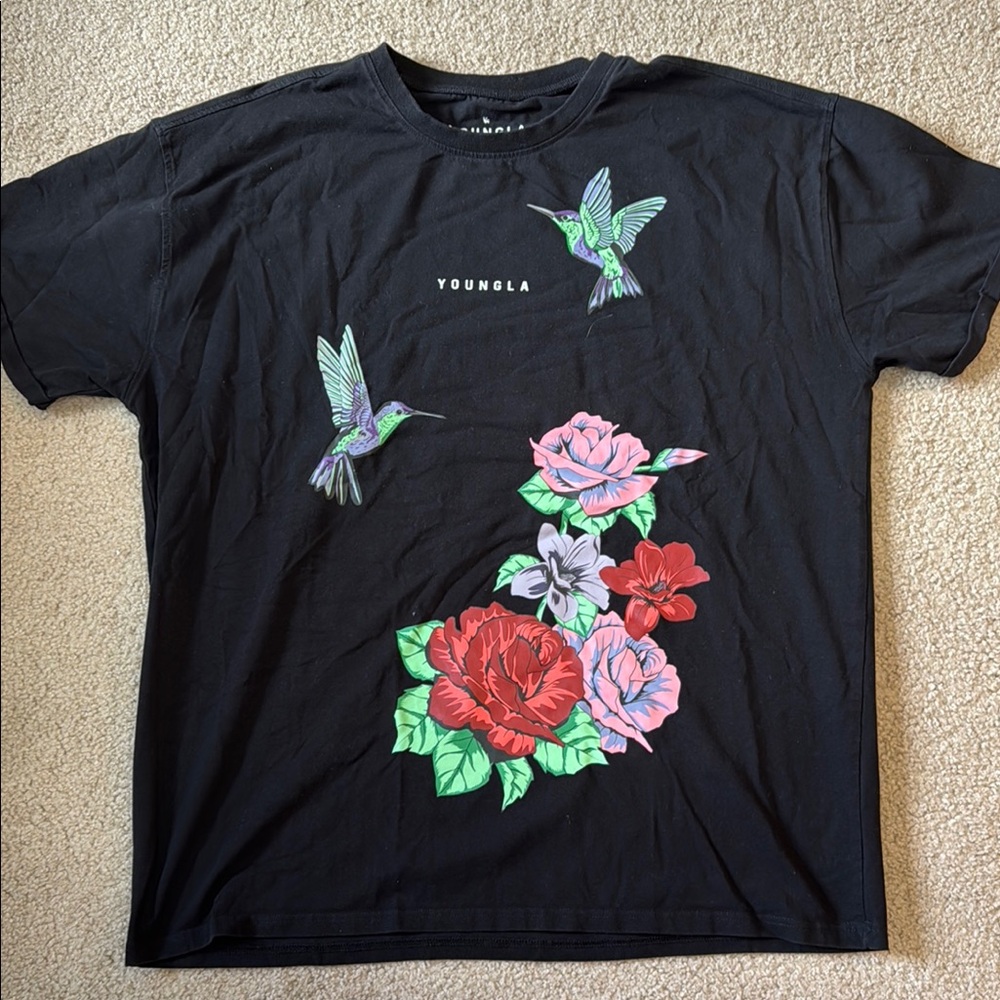 YoungLA Black Short Sleeve Tee with Floral & Hummingbird Graphic